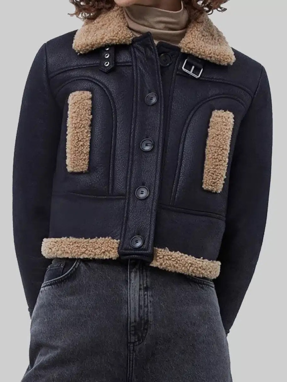 FRENCH CONNECTION Black Faux-Shearling Trim Cropped Jacket - XS/US4/UK8